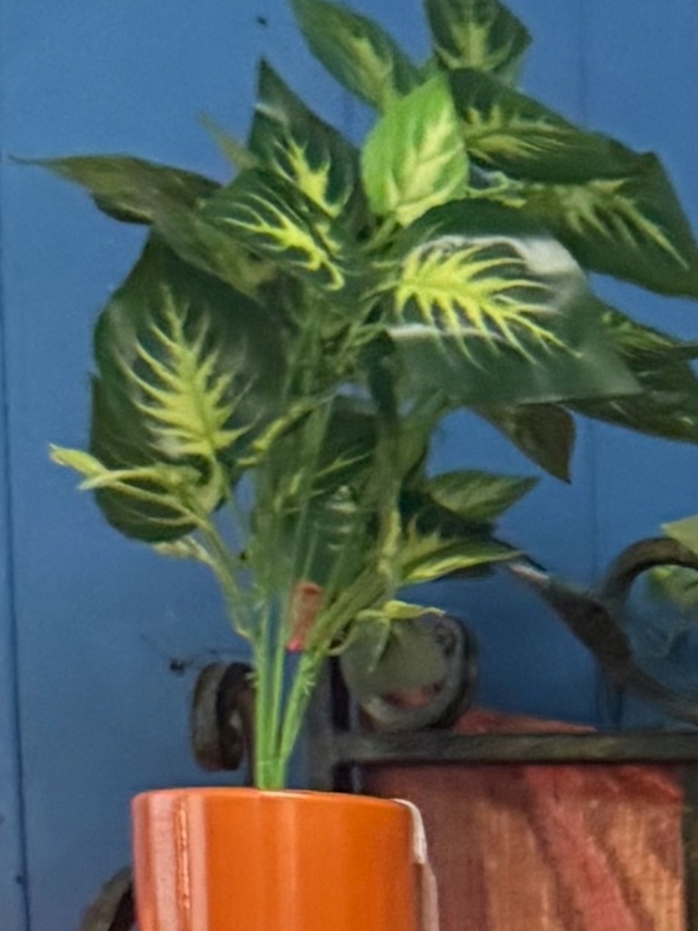 Artificial Green Leaf Plant in Orange Ceramic Pot - Decorative Home Accent
